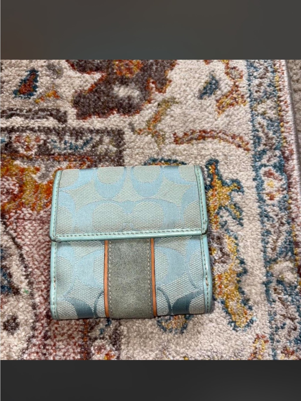 2000s Y2K Aqua Baby Blue Tri Fold Wallet with Brown Leather Detailing